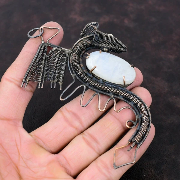 Rainbow Moonstone Oval White Handmade Copper Wire Wrapped Pendant