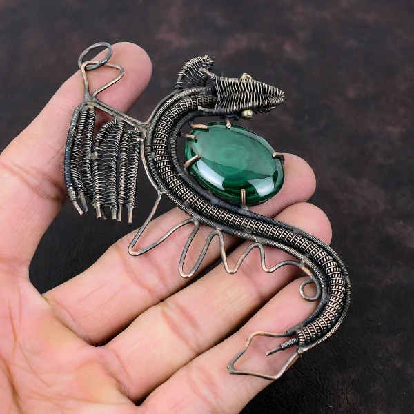 Malachite Oval Green Handmade Copper Wire Wrapped Pendant