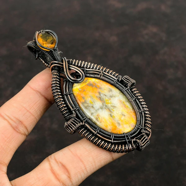 Bumble Bee Jasper Oval Yellow Handmade Copper Wire Wrapped Pendant