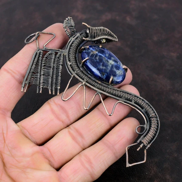 Sodalite Oval Blue Handmade Copper Wire Wrapped Pendant