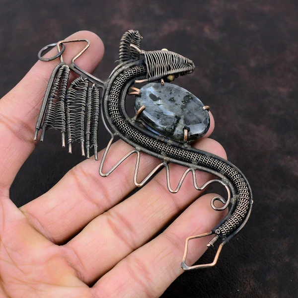 Larvikite Oval Gray Handmade Copper Wire Wrapped Pendant
