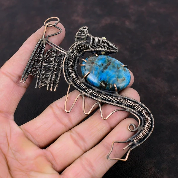 Neon Apatite Oval Blue Handmade Copper Wire Wrapped Pendant