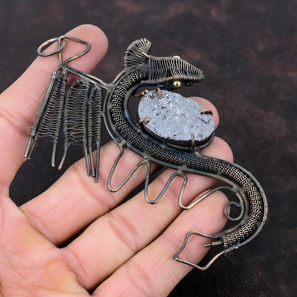 Shungite Rough Oval Silver Handmade Copper Wire Wrapped Pendant