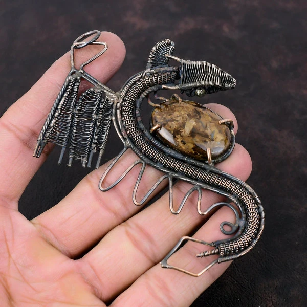Bronzite Oval Brown Handmade Copper Wire Wrapped Pendant