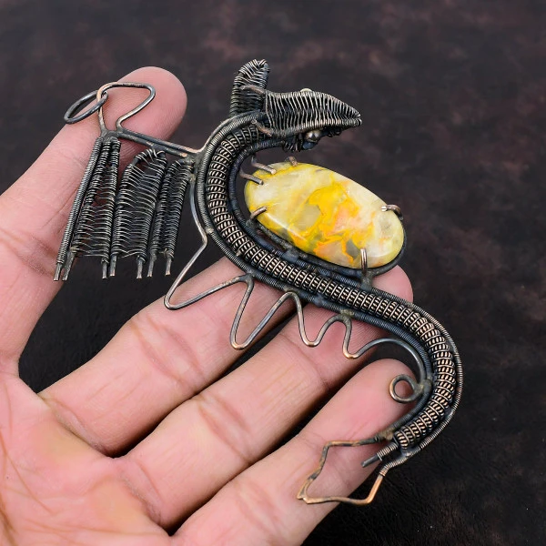 Bumble Bee Jasper Oval Yellow Handmade Copper Wire Wrapped Pendant
