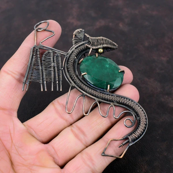 Zambian Emerald Oval Green Handmade Copper Wire Wrapped Pendant