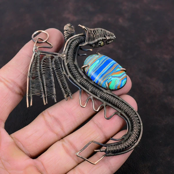Rainbow Calsilica Oval Blue Handmade Copper Wire Wrapped Pendant