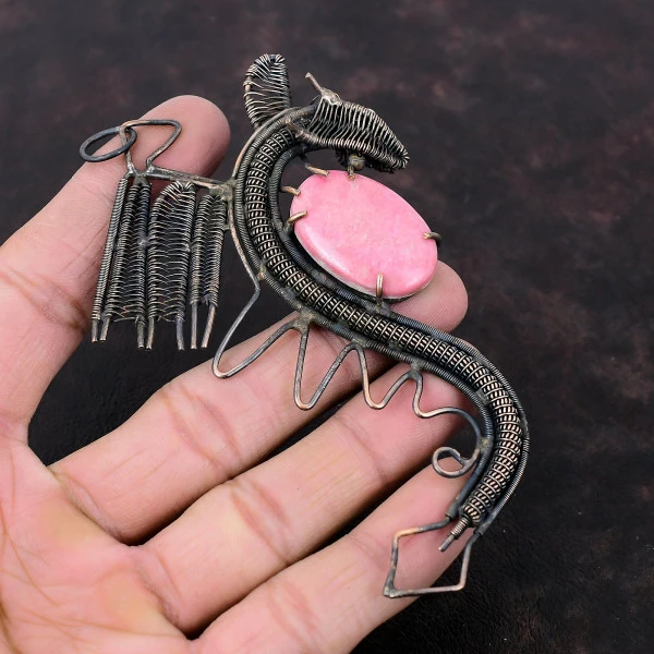 Thulite Oval Pink Handmade Copper Wire Wrapped Pendant