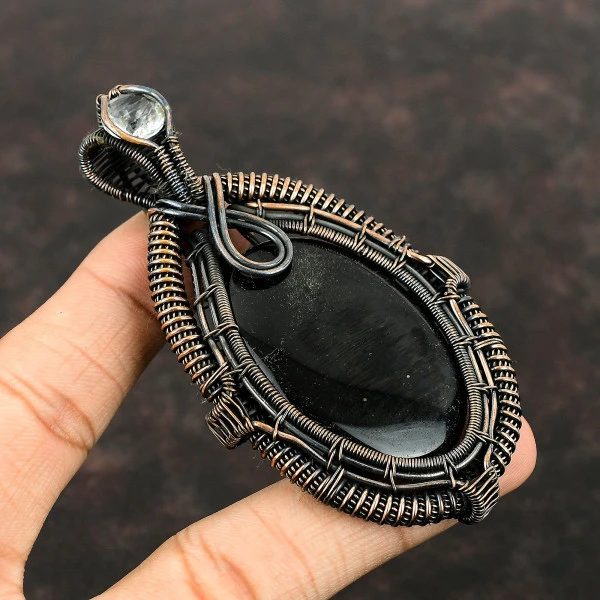 Silver Sheen Obsidian Oval Black Handmade Copper Wire Wrapped Pendant