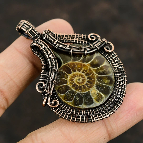 Ammonite Fossil Pear Brown Handmade Copper Wire Wrapped Pendant