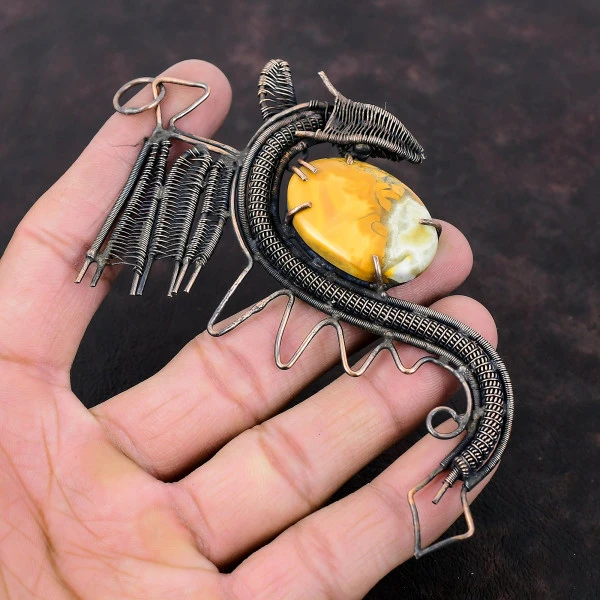 Maligano Jasper Oval Yellow Handmade Copper Wire Wrapped Pendant
