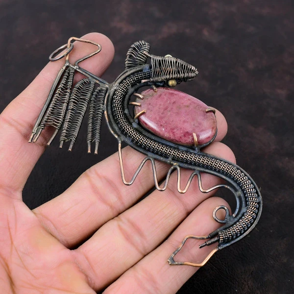 Rhodonite Oval Pink Handmade Copper Wire Wrapped Pendant