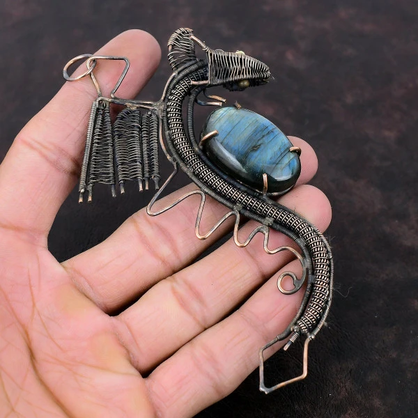 Labradorite Oval Gray Handmade Copper Wire Wrapped Pendant