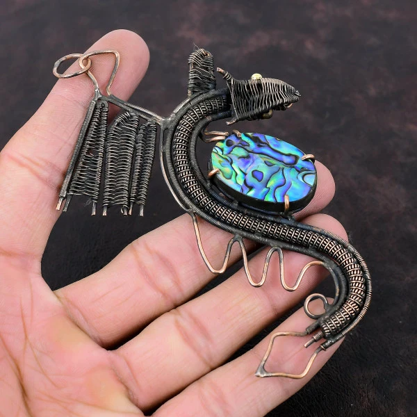 Abalone Shell Oval Green Handmade Copper Wire Wrapped Pendant