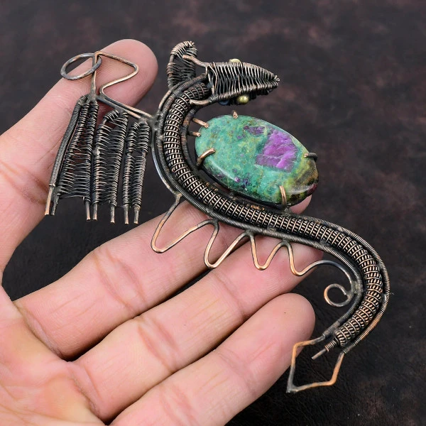 Ruby Fuchsite Oval Green Handmade Copper Wire Wrapped Pendant