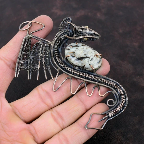 Astrophyllite Oval White Handmade Copper Wire Wrapped Pendant