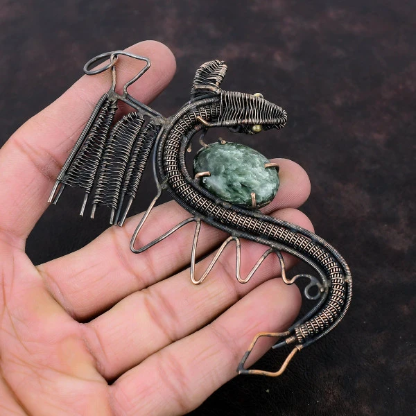 Seraphinite Oval Green Handmade Copper Wire Wrapped Pendant