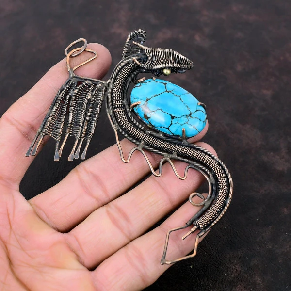 Tibetan Turquoise Oval Blue Handmade Copper Wire Wrapped Pendant