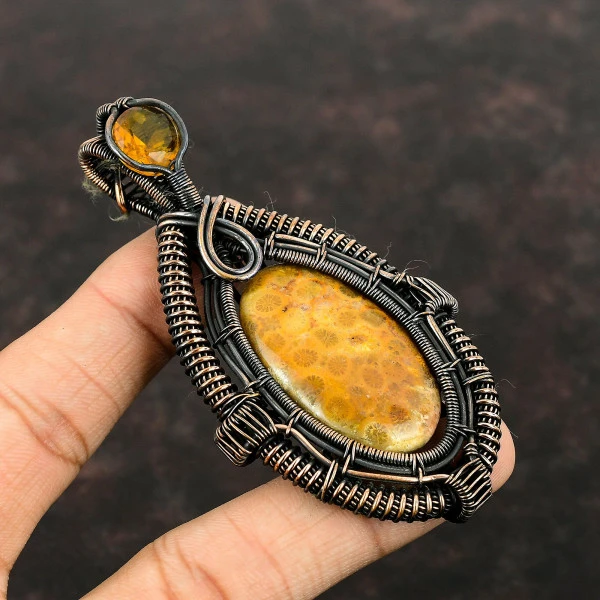 Fossil Coral Oval Brown Handmade Copper Wire Wrapped Pendant