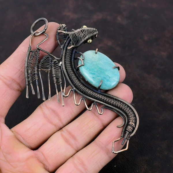 Amazonite Oval Green Handmade Copper Wire Wrapped Pendant