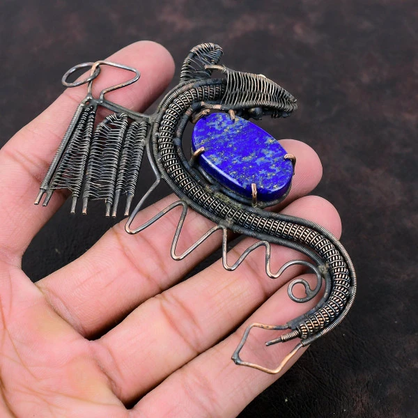 Lapis Lazuli Oval Blue Handmade Copper Wire Wrapped Pendant
