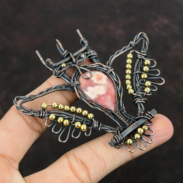 Rhodochrosite Pear Pink Handmade Copper Wire Wrapped Pendant