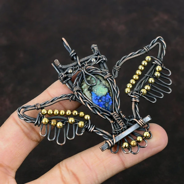 Azurite Malachite Pear Blue Handmade Copper Wire Wrapped Pendant