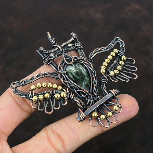 Seraphinite Pear Green Handmade Copper Wire Wrapped Pendant