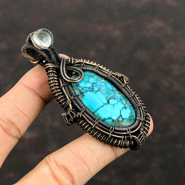 Tibetan Turquoise Oval Blue Handmade Copper Wire Wrapped Pendant