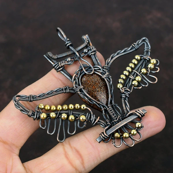 Dinosaur Bone Pear Brown Handmade Copper Wire Wrapped Pendant
