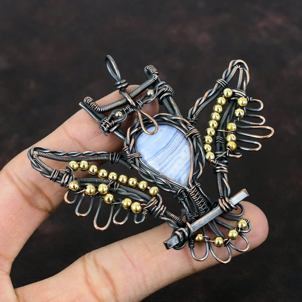 Blue Lace Agate Pear Blue Handmade Copper Wire Wrapped Pendant