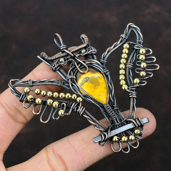 Bumble Bee Jasper Pear Yellow Handmade Copper Wire Wrapped Pendant