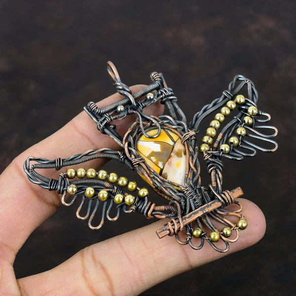 Brecciated Mookaite Pear Yellow Handmade Copper Wire Wrapped Pendant
