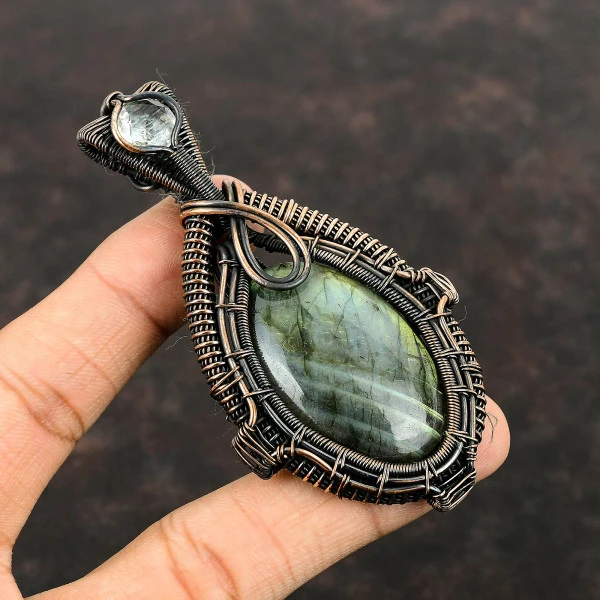 Labradorite Oval Gray Handmade Copper Wire Wrapped Pendant