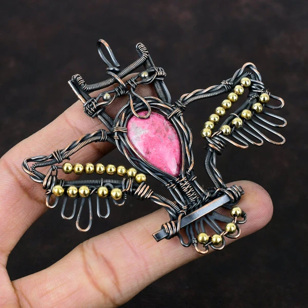 Thulite Pear Pink Handmade Copper Wire Wrapped Pendant