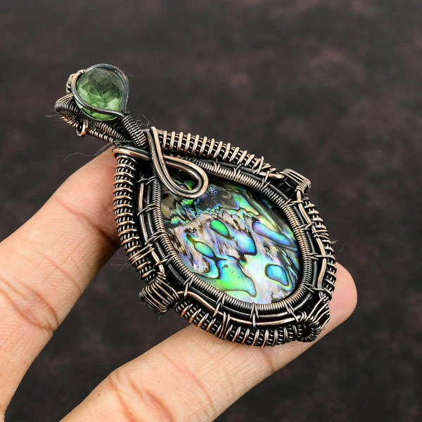 Abalone Shell Oval Green Handmade Copper Wire Wrapped Pendant
