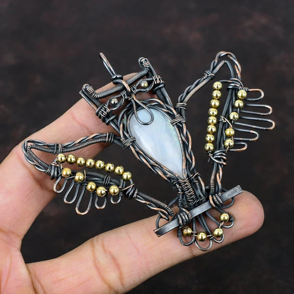 Rainbow Moonstone Pear White Handmade Copper Wire Wrapped Pendant