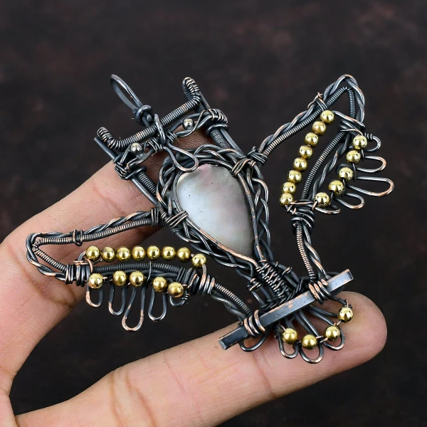 Black Mother Of Pearl Pear Black Handmade Copper Wire Wrapped Pendant