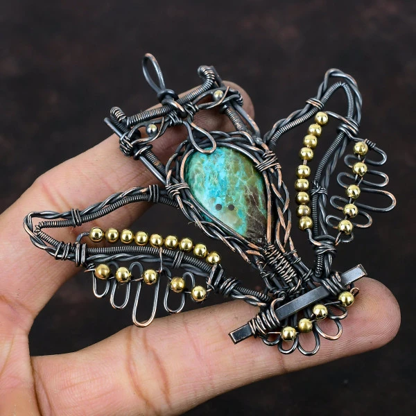 Chrysocolla Pear Green Handmade Copper Wire Wrapped Pendant
