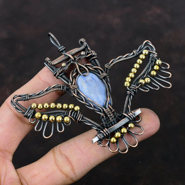 Kyanite Oval Gray Handmade Copper Wire Wrapped Pendant