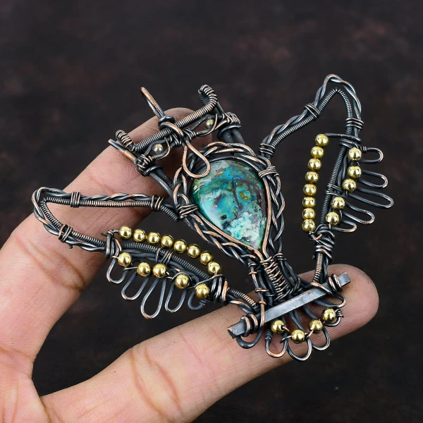 Azurite Malachite Pear Green Handmade Copper Wire Wrapped Pendant
