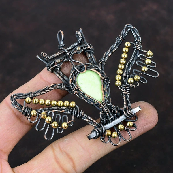 Lemon Chrysoprase Pear Green Handmade Copper Wire Wrapped Pendant