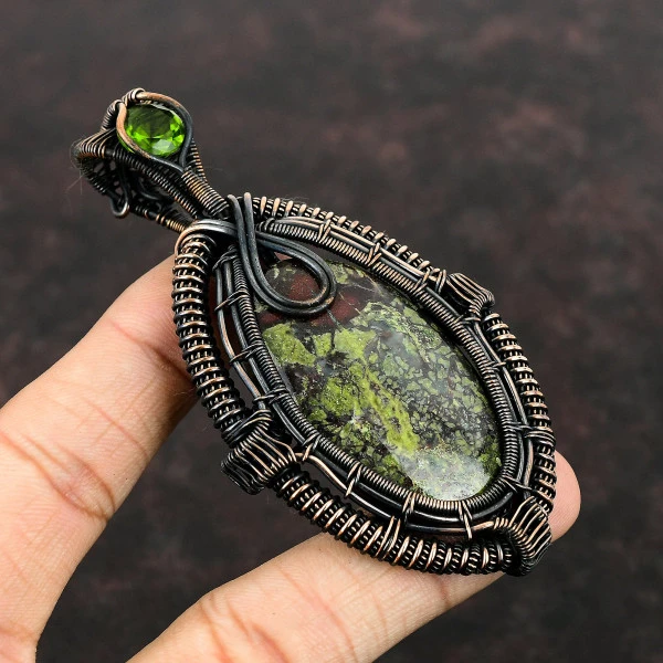 Dragon Bloodstone Oval Green Handmade Copper Wire Wrapped Pendant