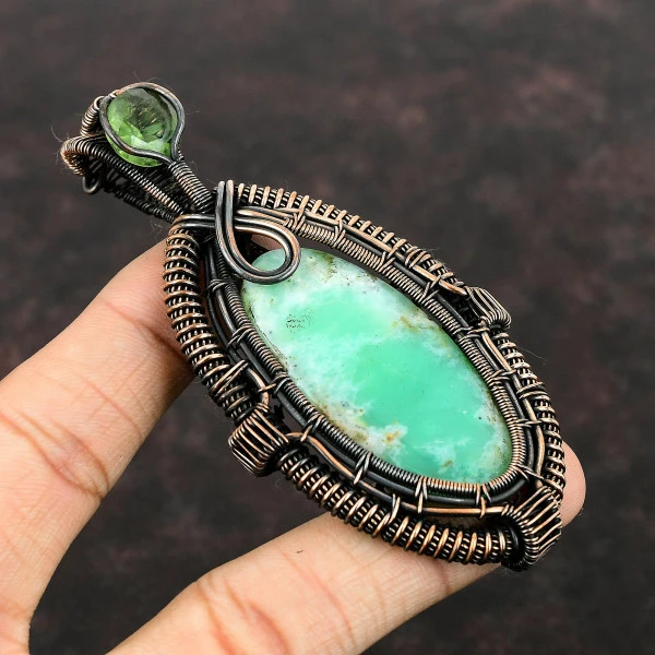 Chrysoprase Oval Green Handmade Copper Wire Wrapped Pendant
