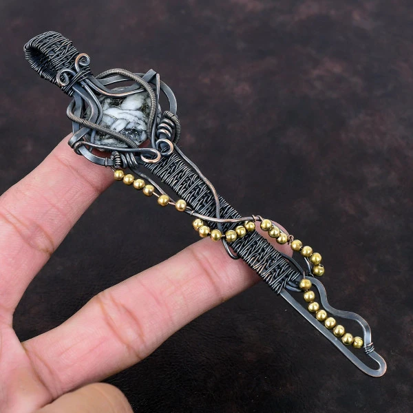 Pinolith Jasper Oval White Handmade Copper Wire Wrapped Pendant