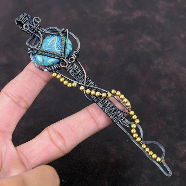 Rainbow Calsilica Oval Blue Handmade Copper Wire Wrapped Pendant