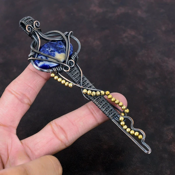 Sodalite Oval Blue Handmade Copper Wire Wrapped Pendant