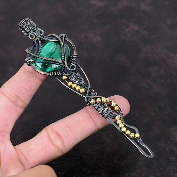 Malachite Oval Green Handmade Copper Wire Wrapped Pendant