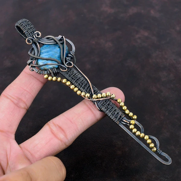 Neon Apatite Oval Blue Handmade Copper Wire Wrapped Pendant
