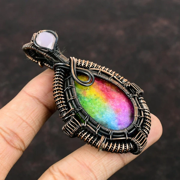 Rainbow Solar Quartz Druzy Oval Purple Handmade Copper Wire Wrapped Pendant